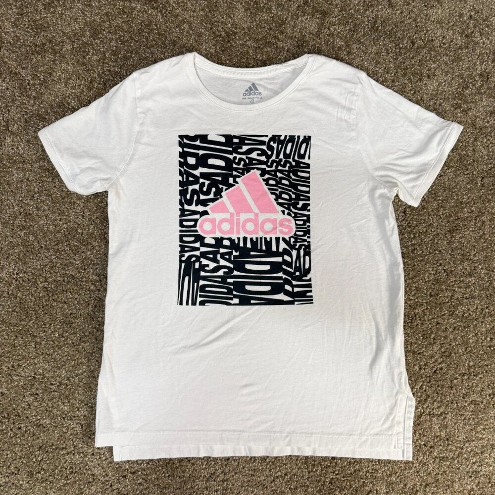 Adidas Tee Shirt Girls Large (14) White Graphic Cotton Athletic Pink logo Sports